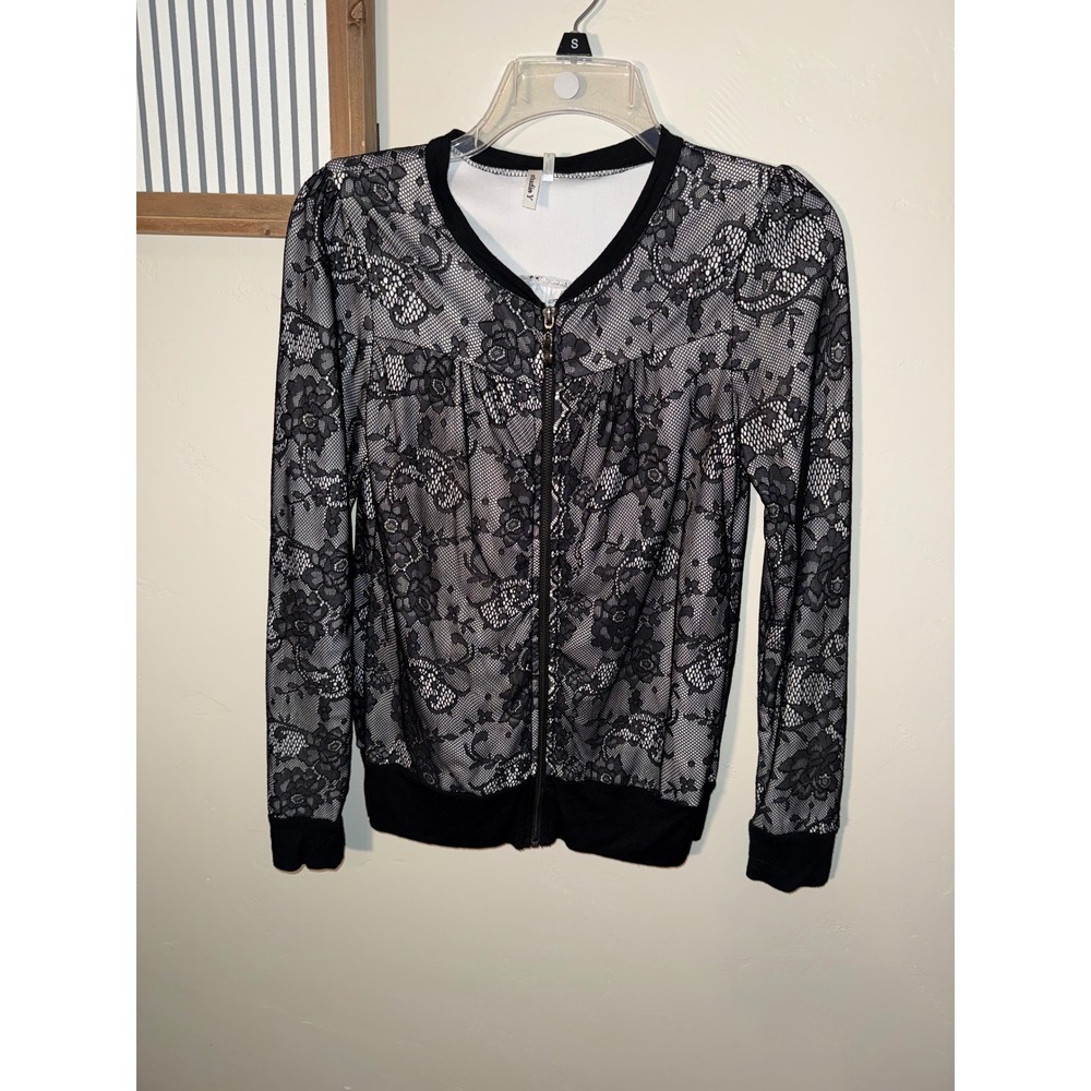 Studio Y Black White Floral Lace Zip Up Bomber Jacket Womens Small RN 51783